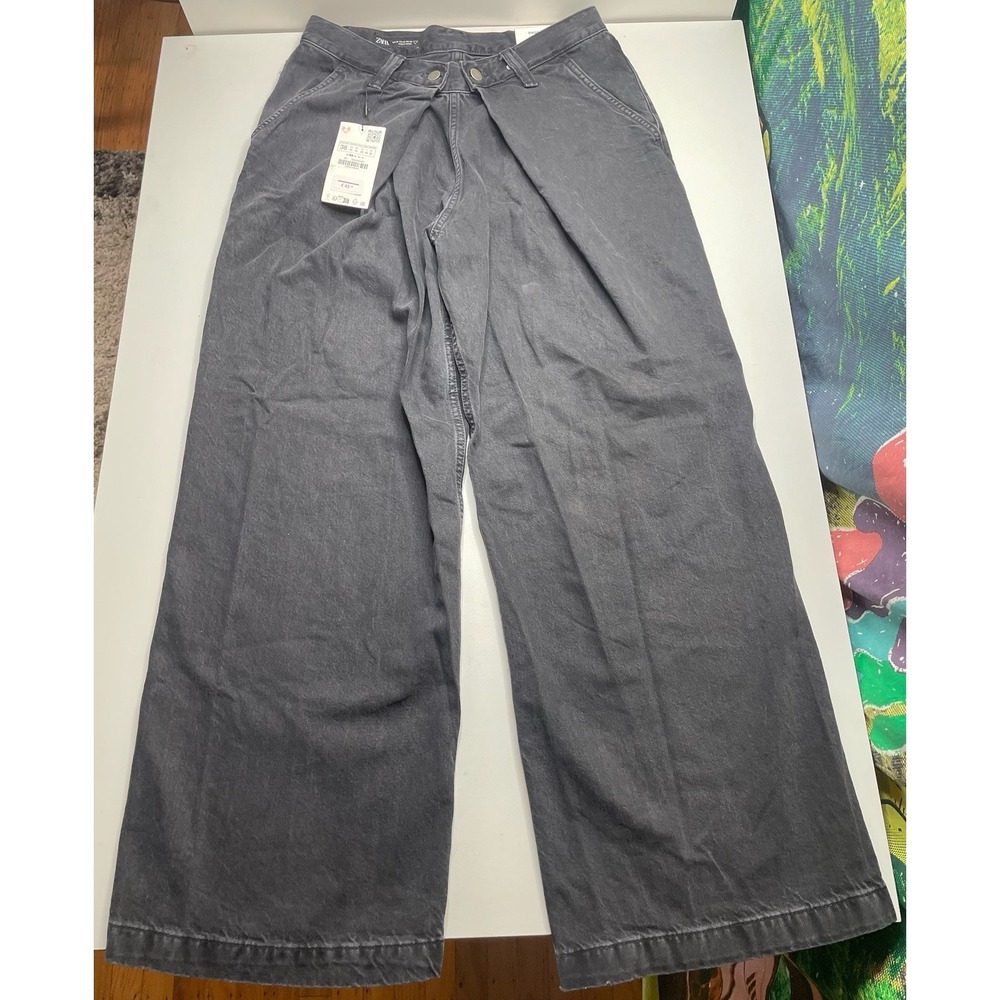 Zara Baggy Fit Jeans Mens 30 Dark Gray Asymmetric Fold Over Waist Denim NWT